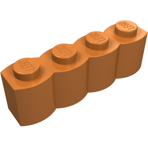 Orange LEGO 1x4 modified brick with log profile, four studs embossed with LEGO logo, viewed at an angle.