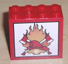 Red LEGO 2x4x3 brick with a white pattern of yellow fire, crossed axes, and a red firefighter helmet.
