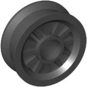 Dark gray LEGO Wheel Spoked 2 x 2 with Pin Hole (part 30155) viewed at an angle against a white background.
