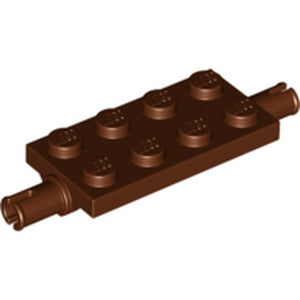 Brown LEGO modified 2x4 plate with 8 studs on top and a Technic pin extending from each end.