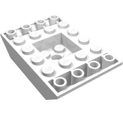 White LEGO 30183 inverted 45 degree slope, 6x4 double with recessed center, showing studs and hollow underside.