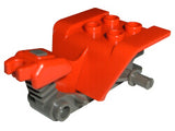 Red LEGO tricycle body top combined with a dark gray chassis, featuring studs on top and various connection points.