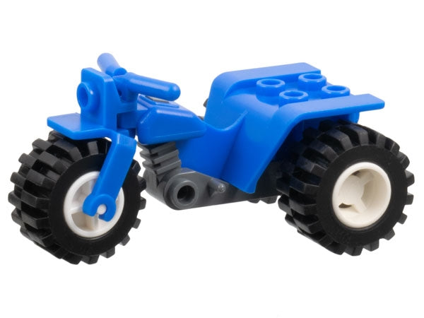 Blue LEGO tricycle with dark bluish gray chassis, black tires, and white hubs. Notched holes visible on rear wheels.