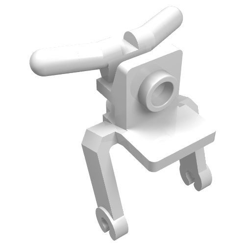 White LEGO 30189 Tricycle Front Fork with handlebars, a central stud connection, and two lower fork arms.