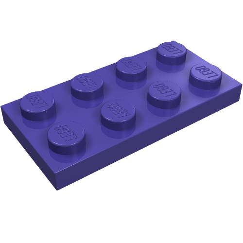 A single purple LEGO 2x4 plate with eight studs, viewed from a slight angle against a white background.