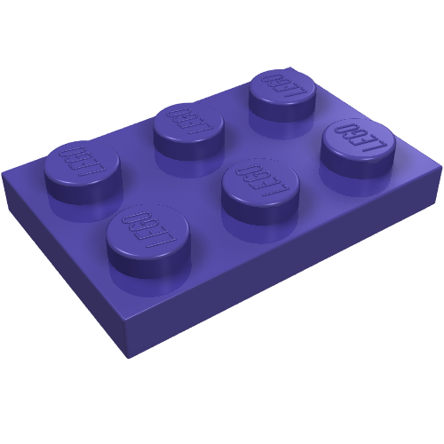 Purple LEGO 2x3 plate with six studs, each molded with 'LEGO', viewed at an angle.