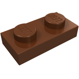 Brown LEGO 3023 Plate 1 x 2, a small rectangular brick with two studs visible on top.