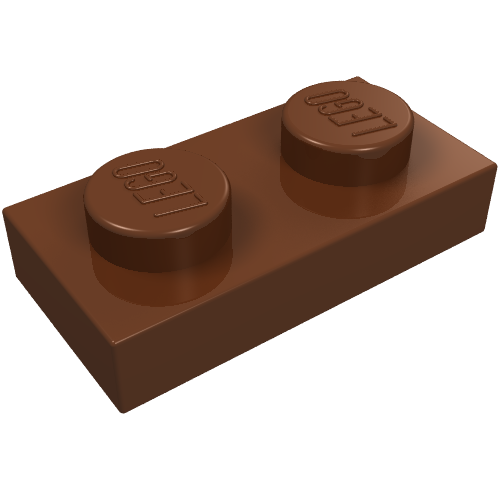 Brown LEGO 3023 Plate 1 x 2, a small rectangular brick with two studs visible on top.