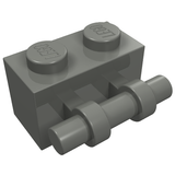 Dark gray LEGO Brick, Modified 1 x 2 with Bar Handle on Side, showing two studs with 'LEGO' embossed.