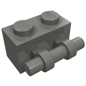 Dark gray LEGO Brick, Modified 1 x 2 with Bar Handle on Side, showing two studs with 'LEGO' embossed.