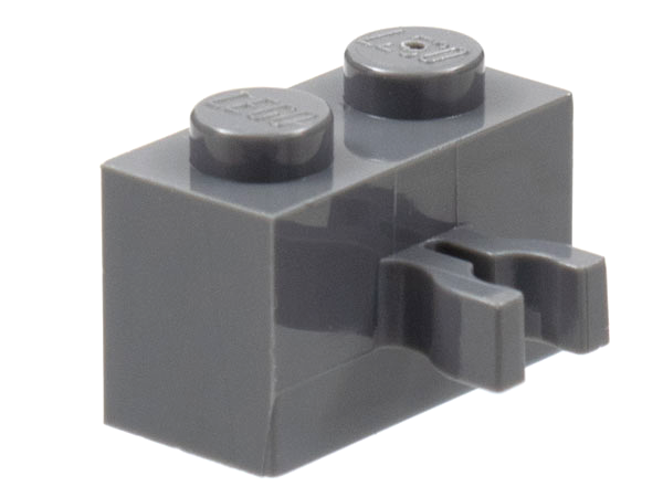 Dark gray LEGO 30237 1x2 modified brick with studs and a vertical grip clip on its side.
