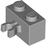A grey LEGO 30237a modified 1x2 brick with two split U-clips (vertical grip) on one side and two LEGO studs on top.