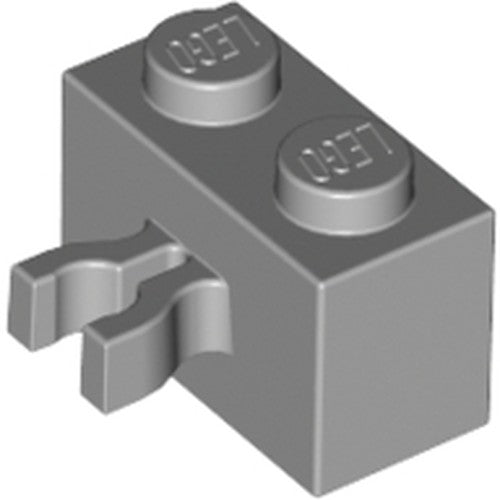A grey LEGO 30237a modified 1x2 brick with two split U-clips (vertical grip) on one side and two LEGO studs on top.