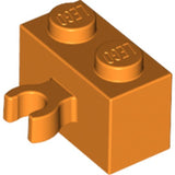 Orange LEGO 1x2 brick with two studs on top and an open O clip (vertical grip) on its side.