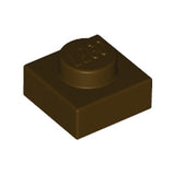 Dark brown LEGO 3024 1x1 plate with a single stud, shown at an angle on a white background.