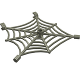 Grey LEGO 30240 spider web piece with a hollow stud in the center, bar ends, and clips on two points.