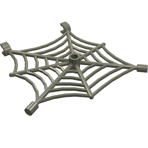 Grey LEGO 30240 spider web piece with a hollow stud in the center, bar ends, and clips on two points.