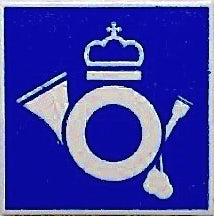 LEGO 2x2 square tile with clip, featuring a white mail horn logo with a crown on a blue background.