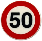 LEGO 2x2 round tile with clip, featuring a speed limit 50 road sign pattern (red circle, black '50' on white).