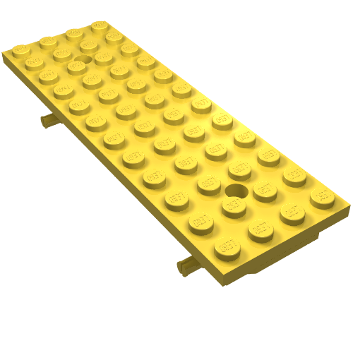 Yellow LEGO Vehicle Base 4x12x1 2/3 with studs and side attachments.
