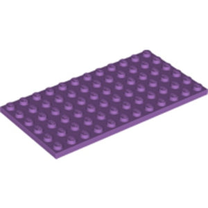 Purple LEGO 6x12 plate viewed at an angle, showing its studded surface on a white background.