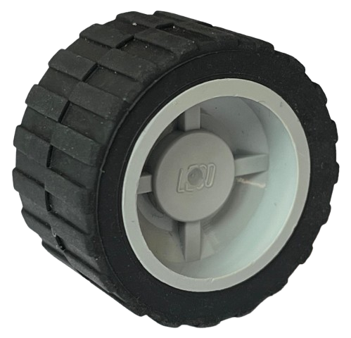LEGO 30285c02 wheel with black tire 24 x 14 shallow tread and light grey hub with LEGO logo.