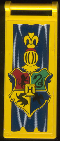 Yellow LEGO flag with bar handle and dark blue Hogwarts crest featuring the four house animals and an 'H' in the center.