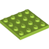 Lime green LEGO 4x4 plate with 16 studs, each embossed with the LEGO logo.