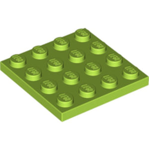 Lime green LEGO 4x4 plate with 16 studs, each embossed with the LEGO logo.