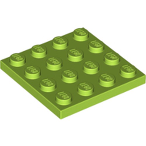 Lime green LEGO 4x4 plate with 16 studs, each embossed with the LEGO logo.