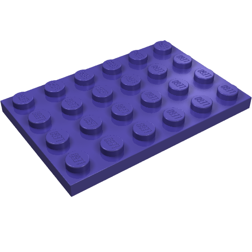 A purple LEGO 4x6 plate, part number 3032, viewed from an angle. The plate has 24 studs, many showing the LEGO logo.