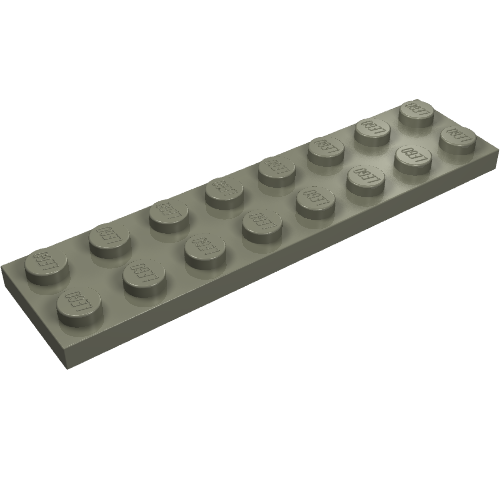 A single grey LEGO Plate 2 x 8, viewed from an angled perspective against a white background.