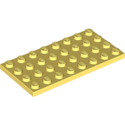 A yellow LEGO 4x8 plate with 32 studs on its top surface, shown at an angle against a white background.