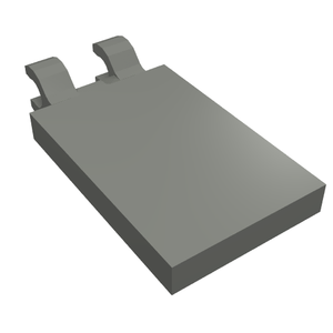 A gray LEGO 30350b Modified 2 x 3 Tile with 2 Open O Clips, shown from an elevated perspective.