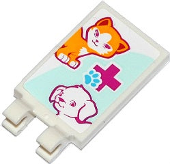 White LEGO 2x3 modified tile with clips, featuring an orange cat, white dog, magenta cross, and blue paw print.