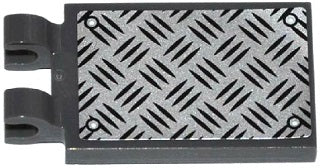 Dark gray LEGO 2x3 modified tile with 2 clips, silver tread plate pattern, and four rivets.