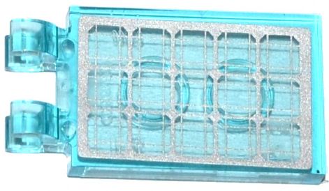 Light blue LEGO 2x3 modified tile with two open O clips on the left and a silver solar panel pattern sticker.