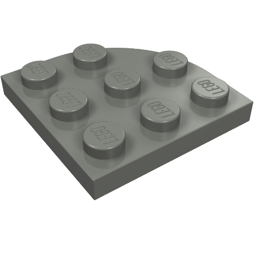 A gray LEGO 3x3 round corner plate, featuring 8 studs, each embossed with the LEGO logo, on a white background.