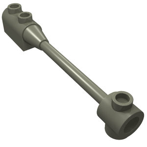 A gray LEGO Bar 1 x 8 with a 1 x 2 curved top brick end and another end with a round hole and single stud.