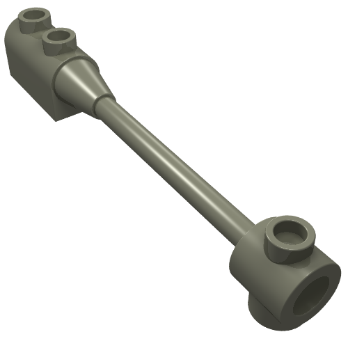 A gray LEGO Bar 1 x 8 with a 1 x 2 curved top brick end and another end with a round hole and single stud.