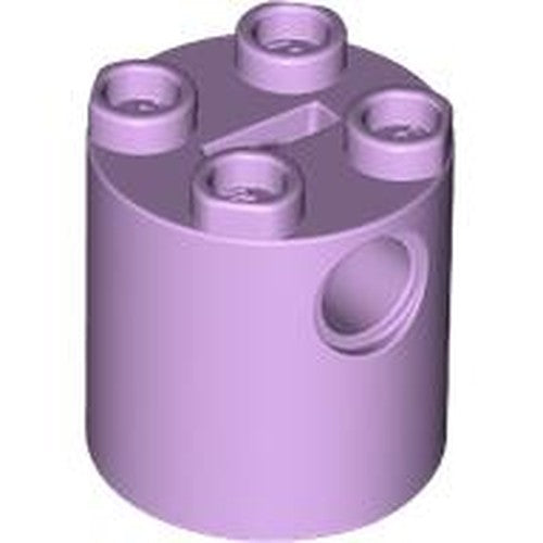 Light purple LEGO round 2x2x2 robot body brick with four top studs and a side axle holder.