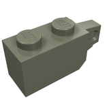 A grey LEGO 30364 Hinge Brick 1 x 2 Locking with 1 Finger Vertical End on a white background, showing studs.