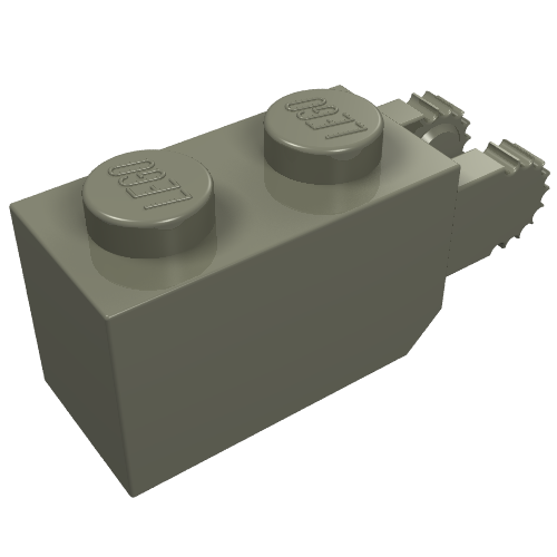 Dark grey LEGO Hinge Brick 1x2 Locking with 2 Fingers Vertical End (30365), showing studs and geared hinge.