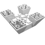 White LEGO 30373 inverted 6x6x2 quad slope piece. Top view shows four studded sections and central circular cutouts.