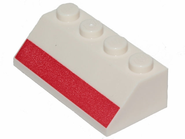 White LEGO 45-degree 2x4 slope brick with a red stripe pattern on the sloped face.
