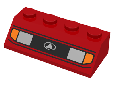 Red LEGO Slope 45 2x4 with car headlights, orange signal lights, black grille, and white triangle in oval logo pattern.