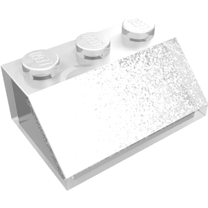 Clear LEGO Slope 45 2x3 brick, part 3038, with three studs on top and a textured, reflective sloped surface.