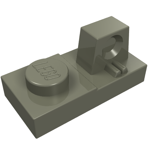 Dark gray LEGO 30383 Hinge Plate 1x2 Locking with 1 Finger on Top, with one stud and angled hinge.
