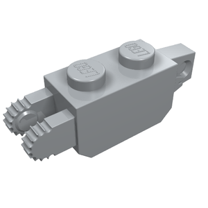 Grey LEGO 30386 Hinge Brick 1 x 2 Locking with 1 Finger Vertical End and 2 Fingers Vertical End, angled view.