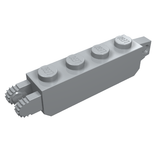 Gray LEGO 30387 Hinge Brick 1x4 locking, with a single toothed finger end and hinge pin hole.